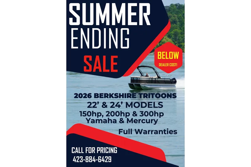 Slide: The Image of Summer sale on 2026 Berkshire 24RFX CTS tritoons, 22' & 24' models, full warranties. - 1