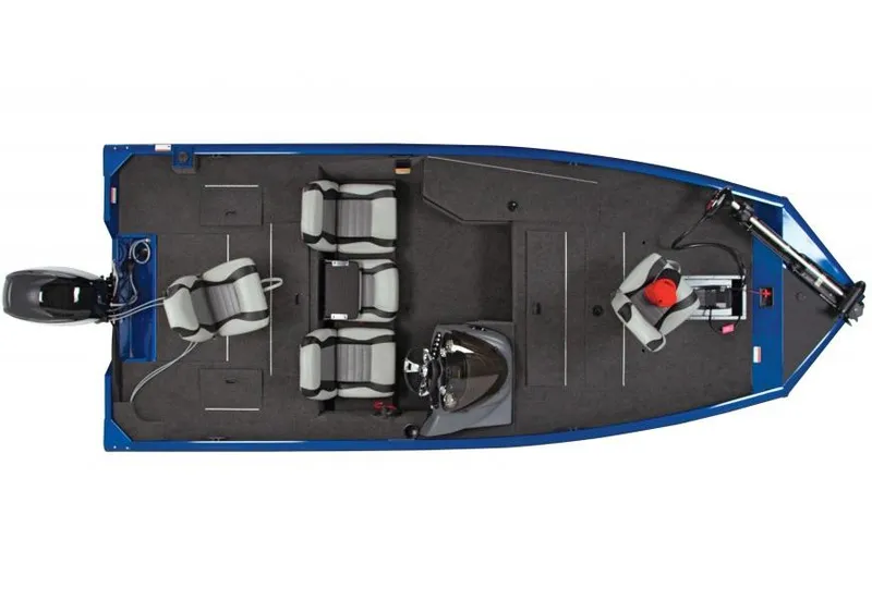 Slide: The Image of Manufacturer Provided Image: 2014 Lowe Stinger ST175 fishing boat, top view, blue exterior, spacious seating, and storage compartments. - 11