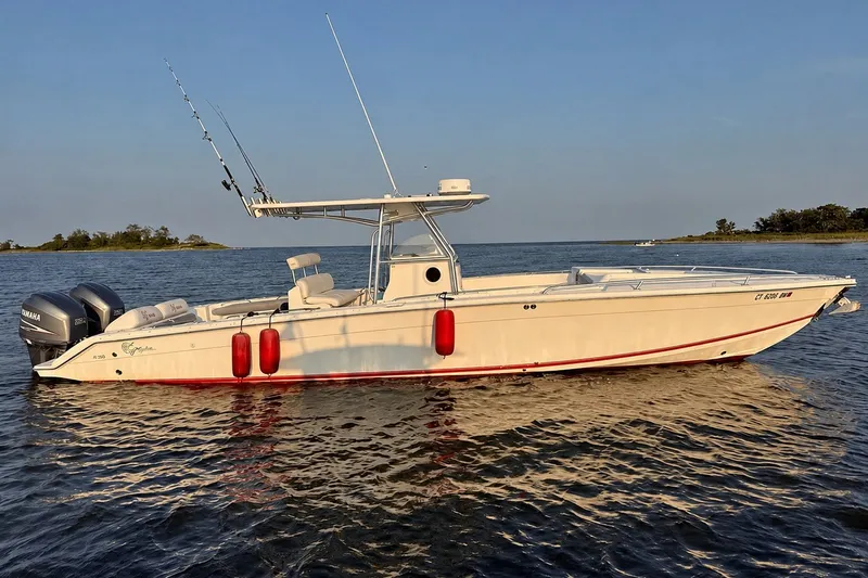 The Image of 2008 Jefferson Marlago 35 boat on calm water with fishing rods and dual Yamaha engines. - 0