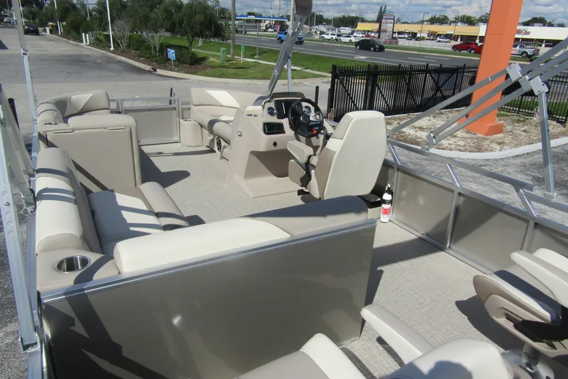 Slide: The Image of 2026 Tahoe Pontoon Sport 85 Rear Fish 21 with spacious seating and modern helm. - 30