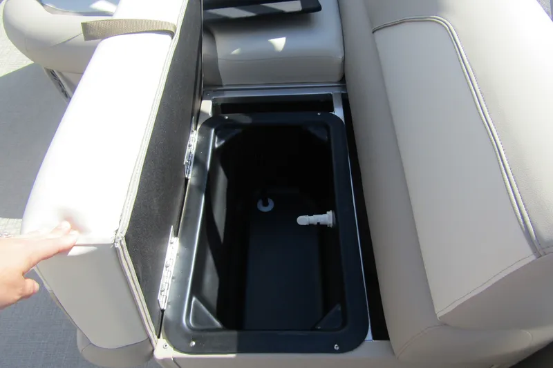 Slide: The Image of Open storage compartment in 2026 Tahoe Pontoon Sport 85 Rear Fish 21 boat seat. - 22