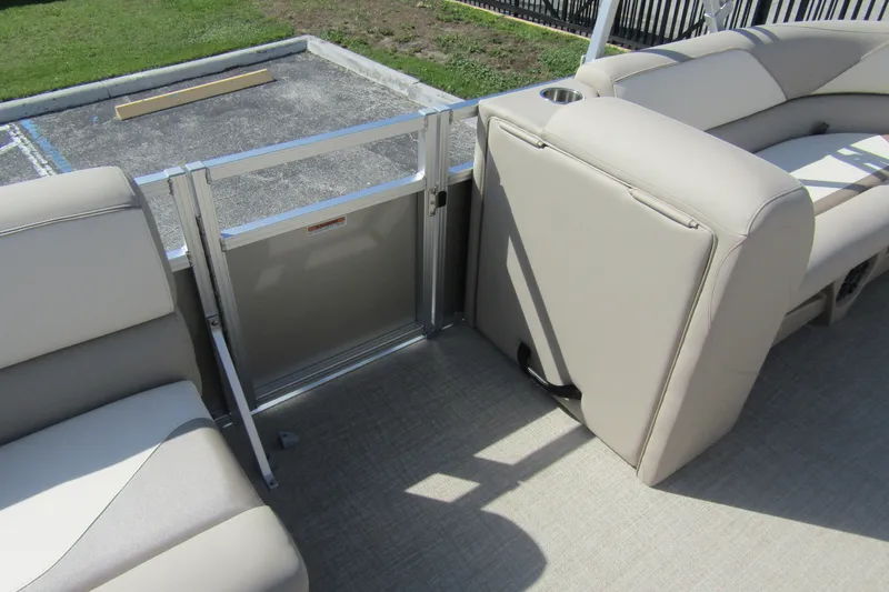 Slide: The Image of 2026 Tahoe Pontoon Sport 85 Rear Fish 21 interior seating and gate detail. - 15