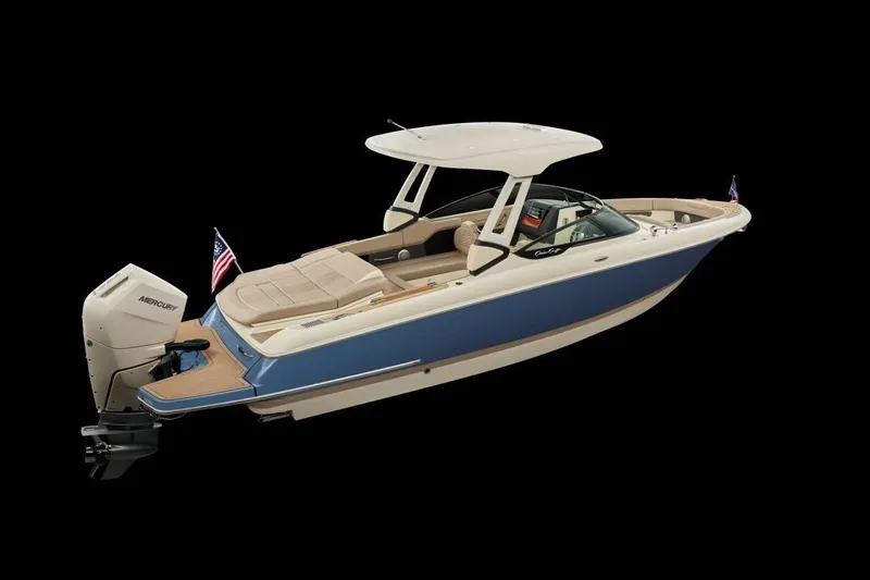 The Image of 2026 Chris-Craft Sportster 28 boat with Mercury engine, sleek design on black background. - 1