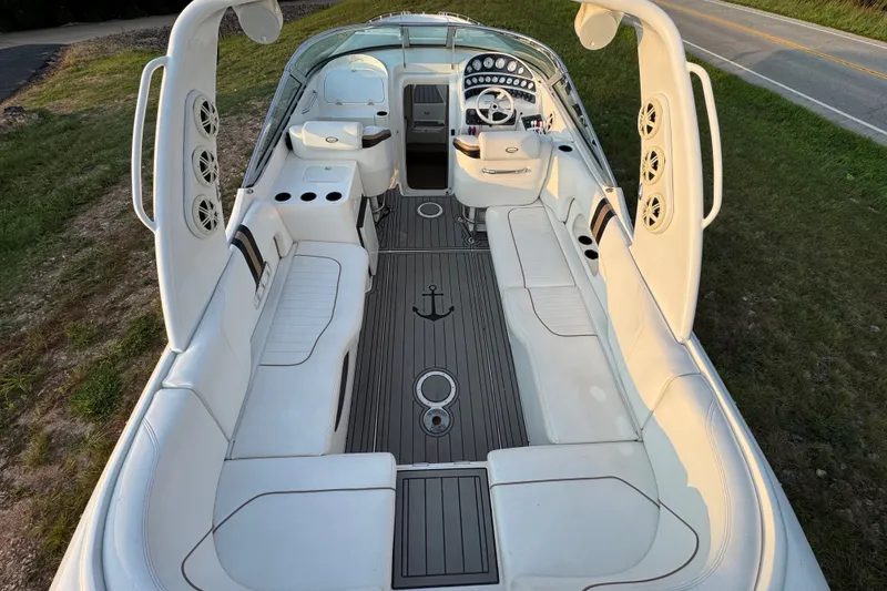 Slide: The Image of Luxurious 2008 Envision 3600 Legacy ESP boat interior with white seating and modern dashboard. - 8