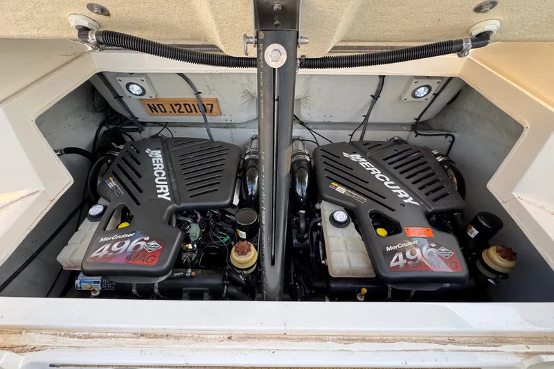 Slide: The Image of Twin MerCruiser 496 MAG engines in a 2008 Envision 3600 Legacy ESP boat. - 26