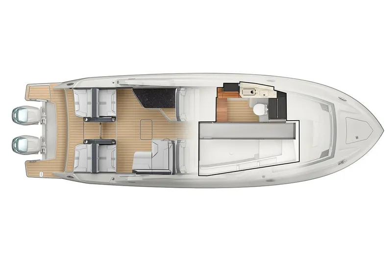 Slide: The Image of Top view of 2027 Tiara Yachts 34 LX layout with seating and cabin areas. - 19