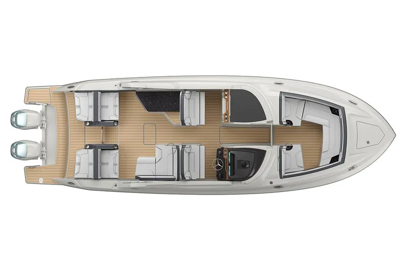 Slide: The Image of 2027 Tiara Yachts 34 LX top view, showcasing spacious deck layout and dual engines. - 20