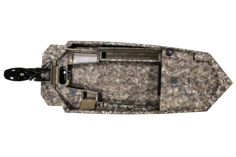 The Image of Top view of 2027 Excel 1751 Viper F4 boat with camouflage design and outboard motor. - 1