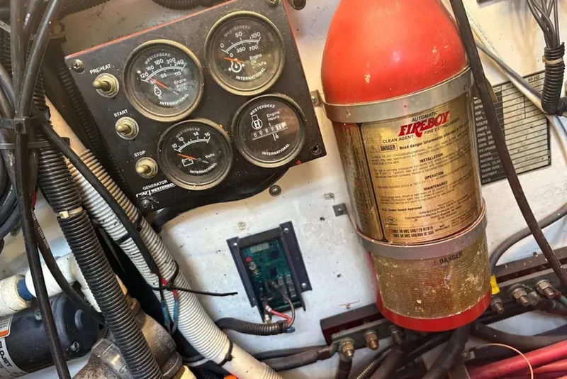 Slide: The Image of Engine control panel and fire extinguisher in 1997 Pursuit 3400 Express boat. - 24