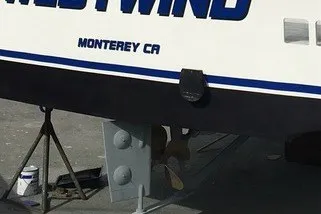Slide: The Image of 2002 Island Hopper Forward Cabin boat in Monterey, CA, on stands for maintenance. - 4