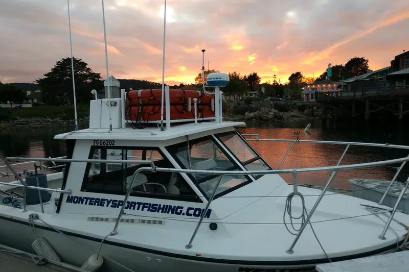 The Image of Island Hopper Forward Cabin boat docked at sunset, MontereySportFishing.com visible on the side. - 2