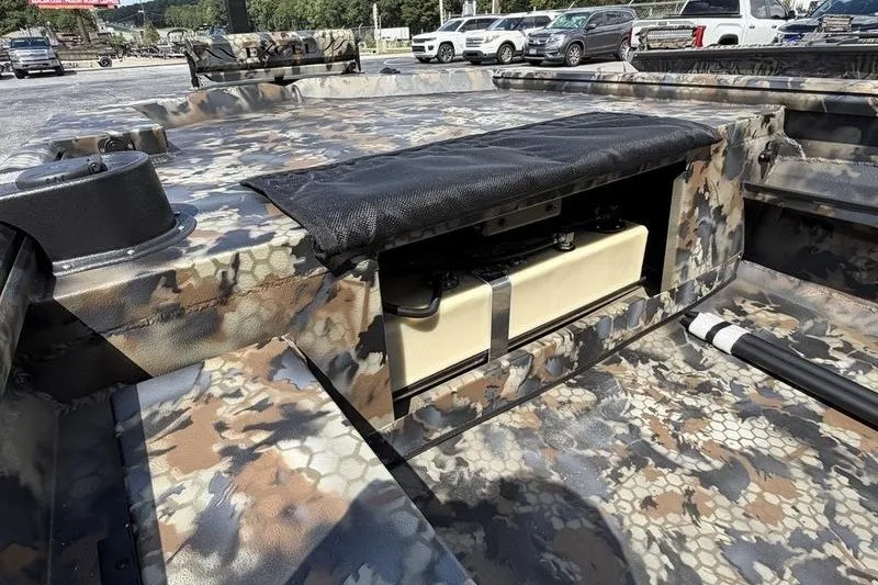 Slide: The Image of 2027 Excel 1754 Shallow Water F4 boat with camouflage design and storage compartment. - 18