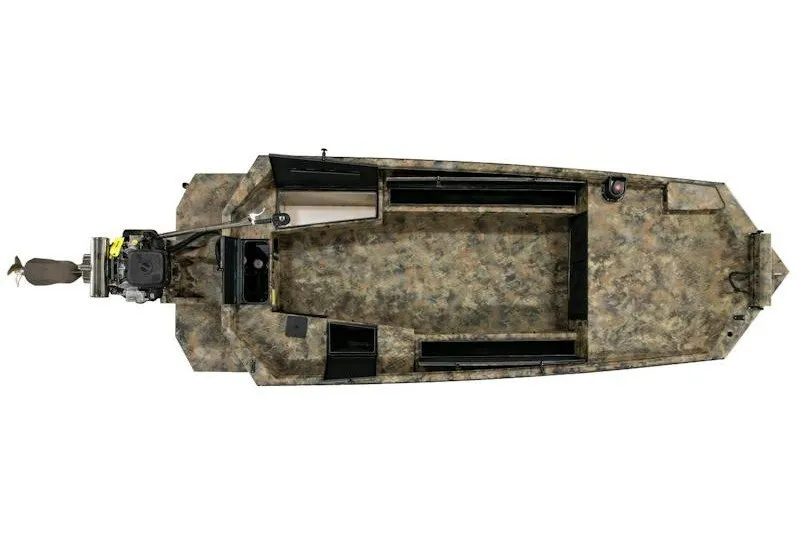 Slide: The Image of Top view of 2027 Excel 1754 Shallow Water F4 boat with camouflage design. - 23