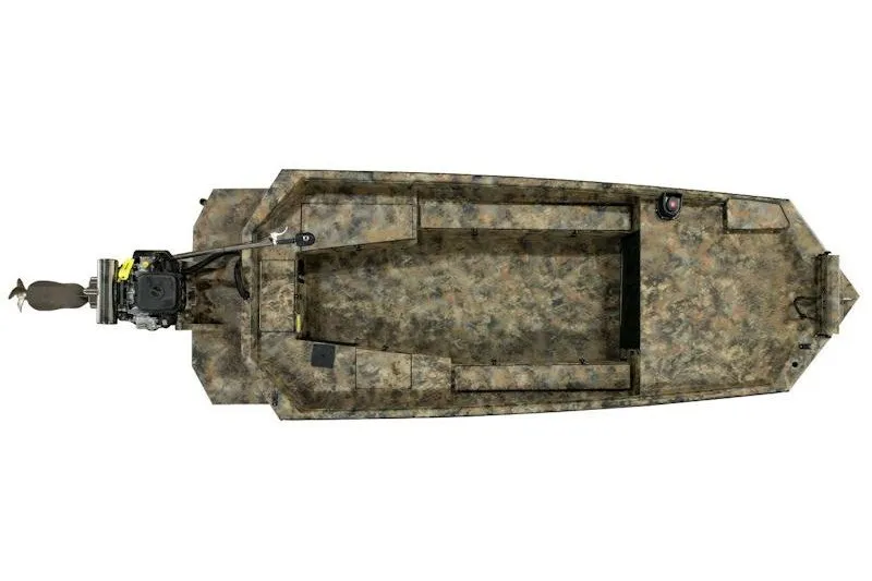 Slide: The Image of Top view of 2027 Excel 1754 Shallow Water F4 boat, camo design, with motor. - 3