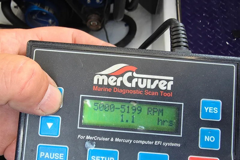 Slide: The Image of MerCruiser diagnostic tool displaying RPM data for 2006 Donzi 38 ZR boat engine. - 23