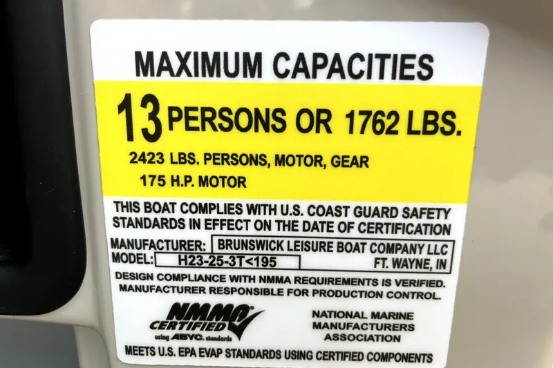 Slide: The Image of 2024 Harris Cruiser 230 capacity label: 13 persons, 1762 lbs, 175 HP motor compliance. - 9