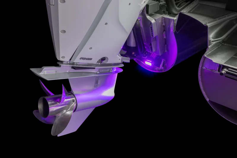 Slide: The Image of 2026 Tahoe Pontoon Grand Tahoe Elite Windshield 25 with illuminated propeller detail. - 15