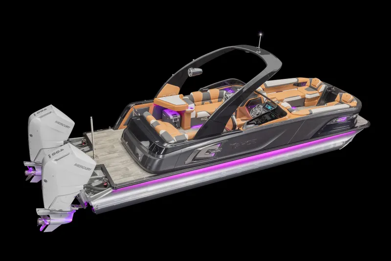 Slide: The Image of 2026 Tahoe Pontoon Grand Tahoe Elite Windshield 25 with dual Mercury engines and vibrant LED lighting. - 14
