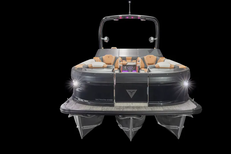 Slide: The Image of 2026 Tahoe Pontoon Grand Tahoe Elite Windshield 25, luxury pontoon boat with sleek design. - 13