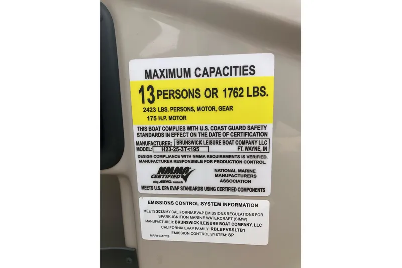Slide: The Image of 2024 Harris Cruiser 230 capacity label: 13 persons, 1762 lbs, 175 HP motor. - 6
