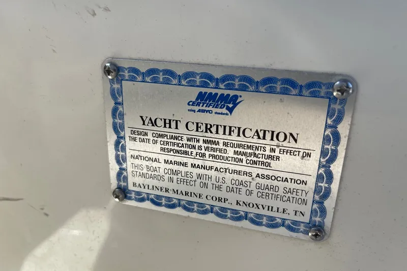 Slide: The Image of 2007 Bayliner Discovery 288 yacht certification plaque, NMMA certified, Knoxville, TN. - 37