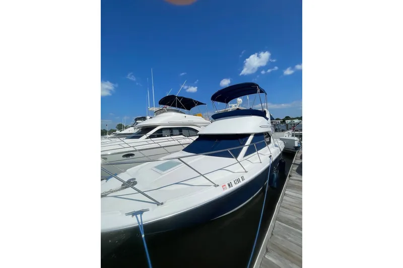 Slide: The Image of 2007 Bayliner Discovery 288 docked under clear blue sky. - 5