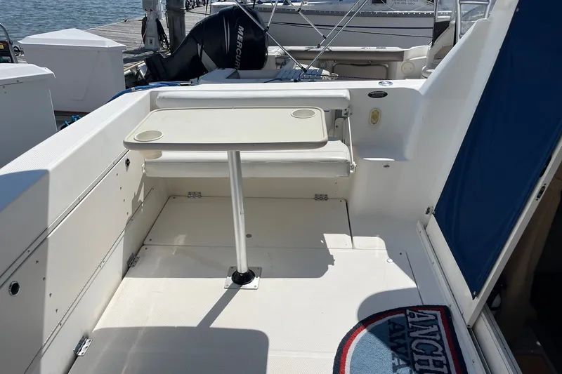 Slide: The Image of 2007 Bayliner Discovery 288 boat deck with table and seating, docked by the water. - 22