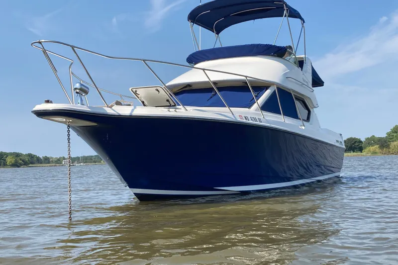 Slide: The Image of 2007 Bayliner Discovery 288 boat anchored on calm water under a clear blue sky. - 3