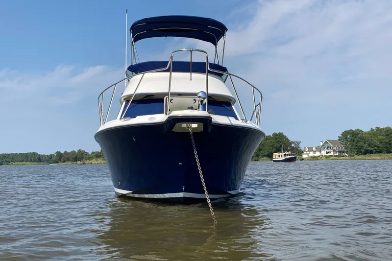 Slide: The Image of 2007 Bayliner Discovery 288 boat anchored on calm water with scenic background. - 1