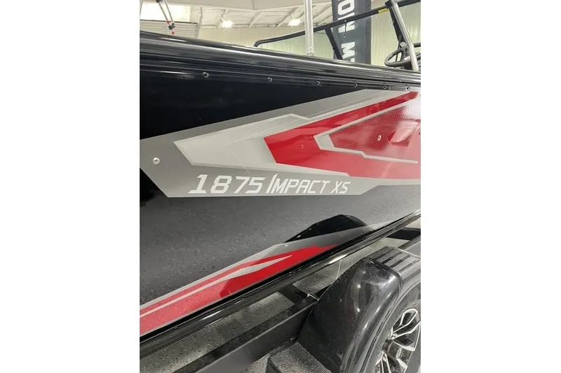 Slide: The Image of 2027 Lund 1875 Impact XS boat with sleek red and gray graphics. - 1