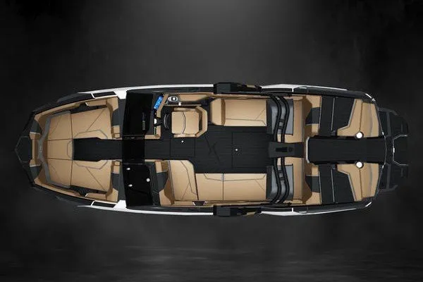 Slide: The Image of Overhead view of 2027 MasterCraft X24 boat with luxurious seating and sleek design. - 2