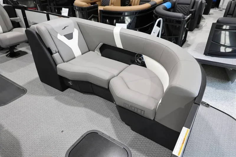 Slide: The Image of Luxurious Evotti 523QL 2026 boat seating with modern gray upholstery and sleek design. - 18