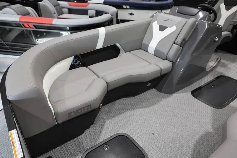 Slide: The Image of Luxurious seating on 2026 Evotti 523QL boat, featuring sleek gray upholstery and modern design. - 19