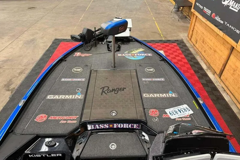 Slide: The Image of 2025 Ranger Z520R Cup-Equipped boat with Garmin and Mercury branding on deck. - 6
