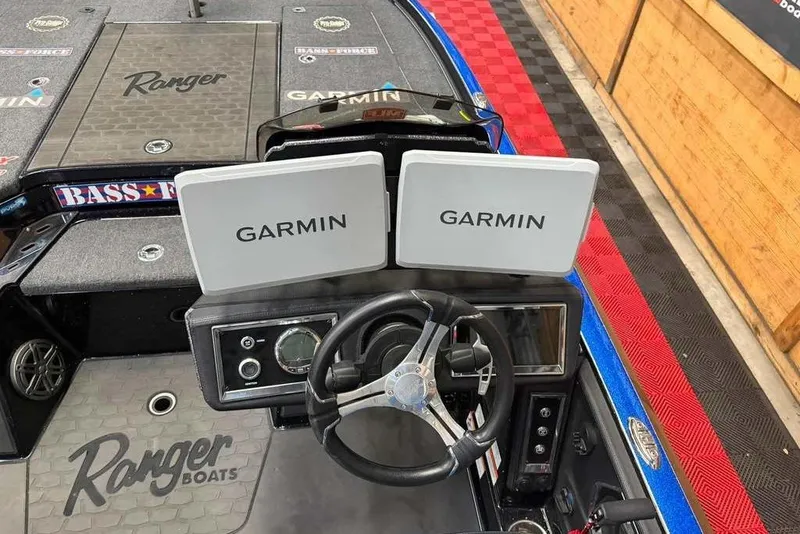 Slide: The Image of 2025 Ranger Z520R Cup-Equipped boat dashboard with dual Garmin displays. - 3