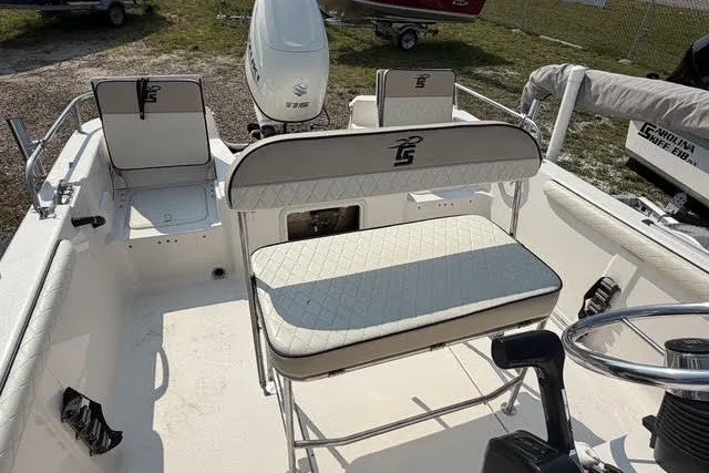 Slide: The Image of 2020 Carolina Skiff 19 LS boat interior with seating and motor. - 9