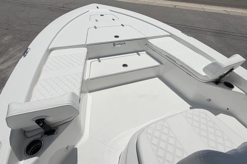 Slide: The Image of The image shows the deck of a BlackJack 224 boat with white upholstery and storage space. - 19