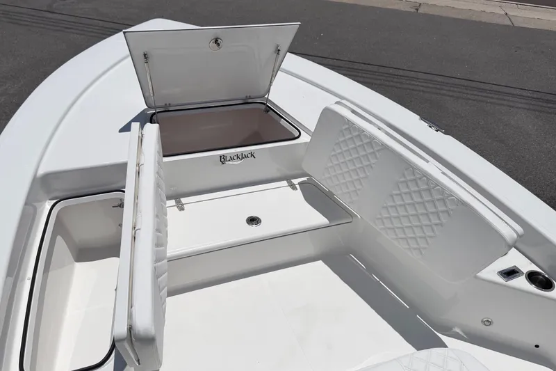 Slide: The Image of The image shows the cockpit of a BlackJack 224 boat with white upholstery and storage compartments. - 22
