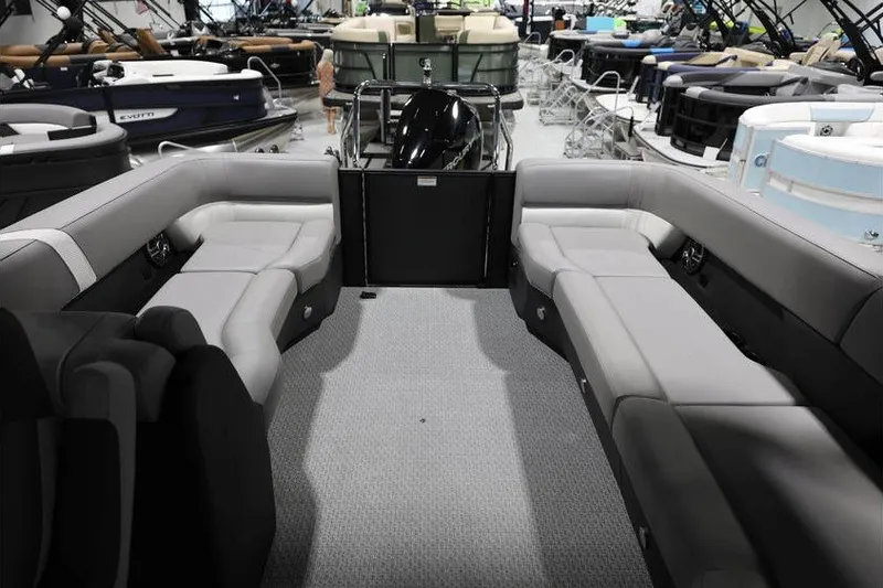 Slide: The Image of Interior view of 2026 Evotti 523QL OMNI pontoon boat with spacious seating. - 17