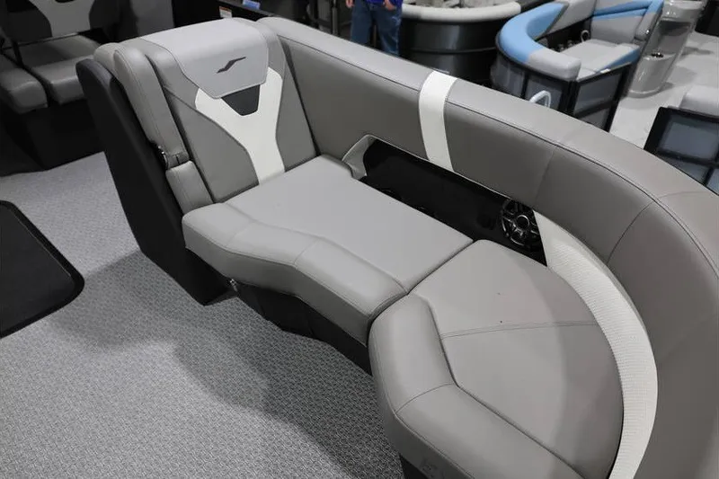 Slide: The Image of Luxurious seating in the 2026 Evotti 523QL OMNI boat, featuring sleek gray upholstery. - 10