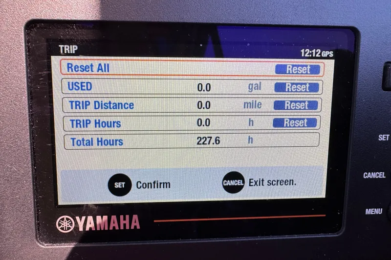 Slide: The Image of Yamaha trip display showing 227.6 total hours on a 2018 Ranger Tugs R-27. - 17