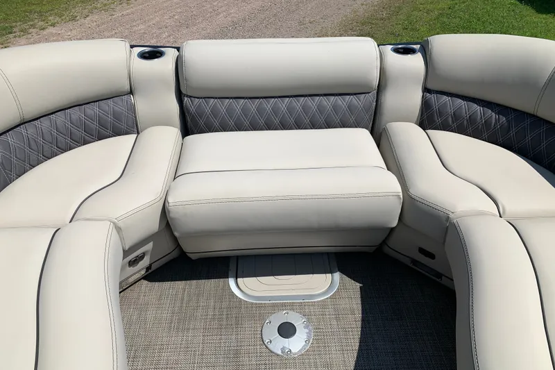 Slide: The Image of Luxurious seating on 2022 Barletta Lusso 23UC pontoon boat, featuring elegant upholstery design. - 18