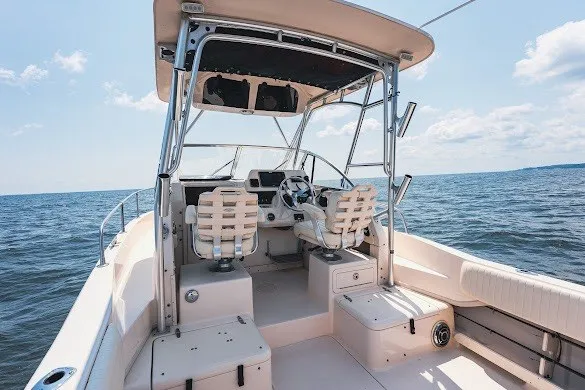 Slide: The Image of 2013 Grady-White Gulfstream 232 boat interior on open water, featuring helm and seating. - 15