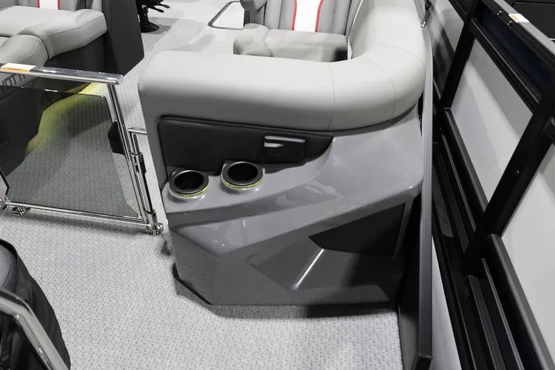 Slide: The Image of Interior of 2026 Evotti 721QL boat with modern seating and cup holders. - 10