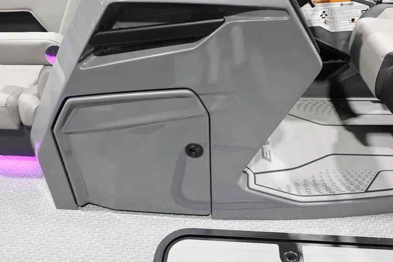 Slide: The Image of Interior of 2026 Evotti 721QL boat with sleek gray paneling and modern design. - 21