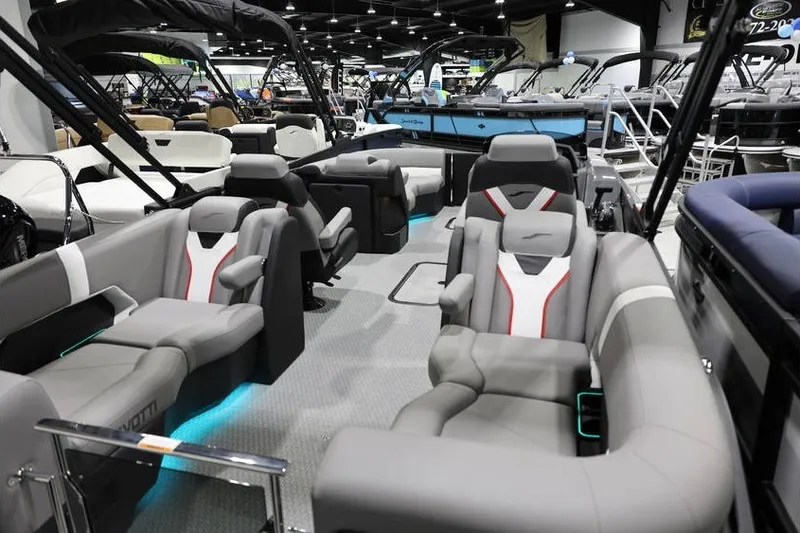 Slide: The Image of Luxurious interior of 2026 Evotti 721QL boat with modern seating and ambient lighting. - 12