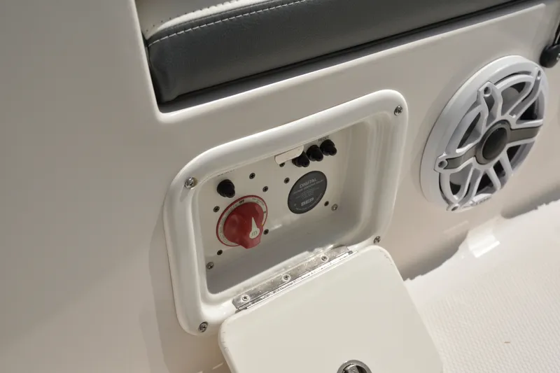 Slide: The Image of Control panel and speaker on 2023 Robalo 246 Cayman boat. - 11