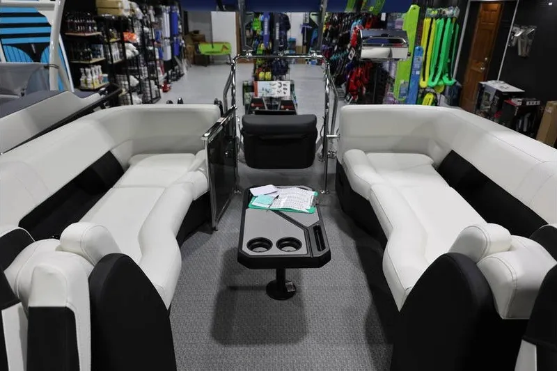 Slide: The Image of Luxurious interior of 2026 Evotti 723QL boat with white seating and modern amenities. - 22