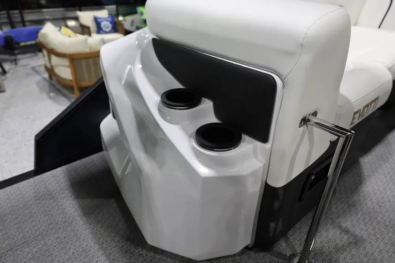 Slide: The Image of Luxury seating with cup holders on Evotti 723QL, 2026 model boat interior. - 26