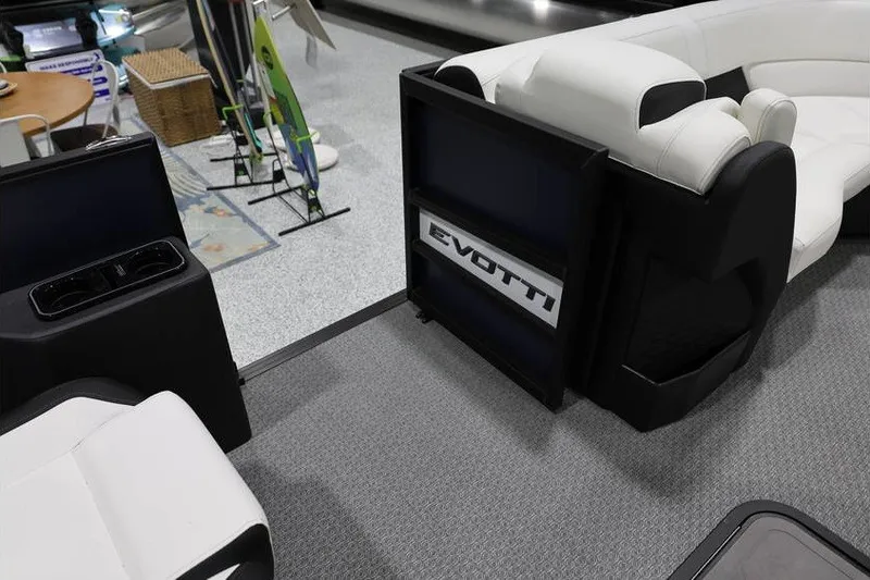 Slide: The Image of Modern Evotti 723QL boat interior with sleek white seating, 2026 model. - 14